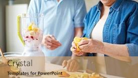  Presentation with smoothie - PPT theme with senior-people-peeling-fruits background and a yellow colored foreground