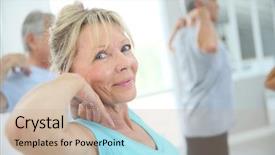  Presentation with senior fitness - PPT layouts having senior people stretching out in fitness room background and a coral colored foreground