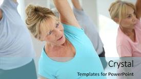  Presentation with senior fitness - Slide deck with senior people stretching out in fitness room background and a arctic colored foreground