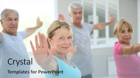  Presentation with senior fitness - Slide set with senior people stretching out in fitness room background and a light blue colored foreground