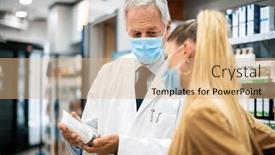  Presentation with pharmacist - Slide set having senior-pharmacist-dealing background and a coral colored foreground