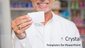 Presentation with calling card - Amazing theme having senior pharmacist holding calling card in the pharmacy backdrop and a sky blue colored foreground