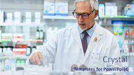  Presentation with pharmacist - Slide deck having senior-pharmacist-searching background and a sky blue colored foreground