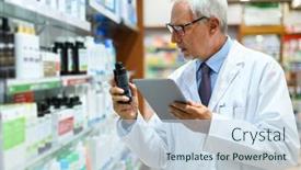  Presentation with pharmacist - Presentation design having senior-pharmacist-searching background and a sky blue colored foreground