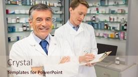  Presentation with hospital pharmacy - Audience pleasing presentation consisting of senior pharmacist smiling at camera at the hospital pharmacy backdrop and a lemonade colored foreground
