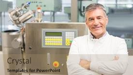  Presentation with pharmacist - Colorful PPT theme enhanced with senior pharmacist smiling at camera at the laboratory backdrop and a coral colored foreground