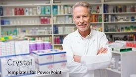  Presentation with hospital pharmacy - Amazing slide set having senior pharmacist smiling at camera at the hospital pharmacy backdrop and a lemonade colored foreground