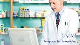  Presentation with pharmacist - Audience pleasing PPT theme consisting of senior pharmacist typing at computer backdrop and a sky blue colored foreground