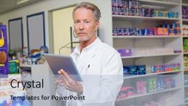  Presentation with pharmacist - Slide set having senior pharmacist using tablet pc in the pharamcy background and a light blue colored foreground