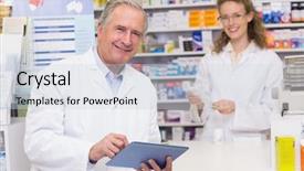  Presentation with pharmacy tablet - Theme enhanced with senior pharmacist using tablet pc background and a  colored foreground