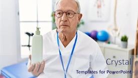  Presentation with self massage - Presentation design consisting of senior-physiotherapy-man-holding-massage background and a light blue colored foreground