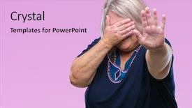  Presentation with woman sad - Amazing PPT theme having senior plus size caucasian woman backdrop and a lavender colored foreground