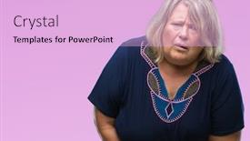  Presentation with stomach disease - Audience pleasing slides consisting of senior plus size caucasian woman over isolated background with hand on stomach because nausea painful disease feeling unwell ache concept backdrop and a lavender colored foreground