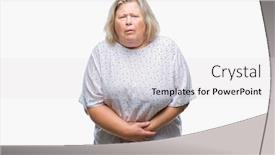  Presentation with stomach disease - Slide deck consisting of senior plus size caucasian woman over isolated background with hand on stomach because nausea painful disease feeling unwell ache concept background and a white colored foreground