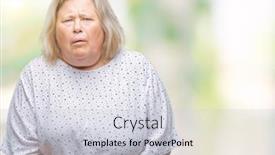  Presentation with stomach disease - Presentation theme consisting of senior plus size caucasian woman over isolated background with hand on stomach because nausea painful disease feeling unwell ache concept background and a light gray colored foreground