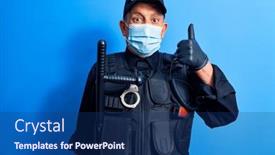  Presentation with surgical - Slide set featuring senior-police-man-wearing-surgical background and a ocean colored foreground