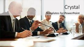  Presentation with speaking - Presentation design enhanced with senior politician in formalwear speaking background and a light gray colored foreground