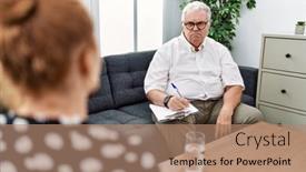  Presentation with office - PPT theme enhanced with senior-psychologist-man-at-consultation background and a coral colored foreground