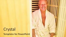  Presentation with hotel - Audience pleasing slide set consisting of senior relaxes in a sauna backdrop and a yellow colored foreground