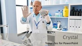  Presentation with defense - PPT theme enhanced with senior-scientist-with-grey-hair background and a light gray colored foreground