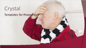  Presentation with head ache - Slide deck consisting of senior sick man sitting in bed with ice pillow against head ache background and a lemonade colored foreground