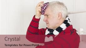  Presentation with head ache - Cool new PPT theme with senior sick man sitting in bed with ice pillow against head ache backdrop and a violet colored foreground