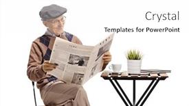  Presentation with reading table - PPT theme featuring senior sitting at a coffee table and reading a newspaper isolated on white background background and a white colored foreground