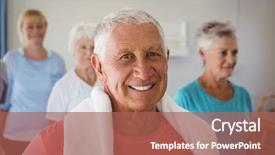  Presentation with retirement - PPT theme enhanced with senior smiling after exercise background and a red colored foreground