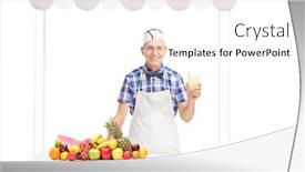  Presentation with soda - PPT layouts consisting of senior soda jerk holding a glass of lemonade and standing behind a stall with a bunch of fruits on it isolated on white background background and a white colored foreground