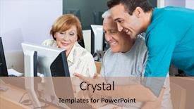  Presentation with students - PPT theme consisting of senior students in using computer background and a coral colored foreground