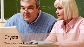  Presentation with students - Amazing slide set having senior students using a laptop backdrop and a coral colored foreground