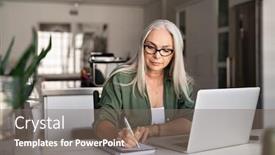  Presentation with taking notes - Presentation theme with senior stylish woman taking notes in notebook while using laptop at home old freelancer writing details on book while working on laptop in living room focused cool lady writing notary in notepad background and a gray colored foreground