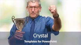  Presentation with successful - PPT theme featuring senior successful man holding trophy background and a ocean colored foreground