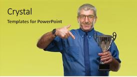  Presentation with successful - Colorful presentation design enhanced with senior successful man holding trophy backdrop and a  colored foreground
