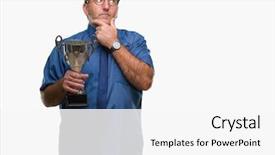  Presentation with questions question marks idea - PPT theme enhanced with senior successful man holding trophy background and a white colored foreground