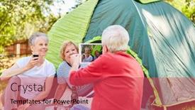  Presentation with tent - Theme having senior-takes-photo-of-friends background and a red colored foreground