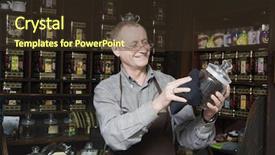  Presentation with tea - Colorful presentation design enhanced with senior tea shop owner dusting backdrop and a tawny brown colored foreground