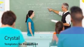  Presentation with senior high school - Slides featuring senior teacher pointing at chalkboard background and a cyan colored foreground