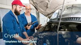  Presentation with technical service - Colorful presentation theme enhanced with senior technical service worker with digital tablet explaining young bearded colleague what should be done about the problem backdrop and a ocean colored foreground