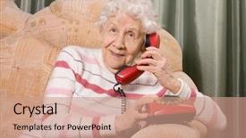  Presentation with elderly woman in nursing - PPT theme consisting of senior telephone - elderly woman speaks background and a coral colored foreground