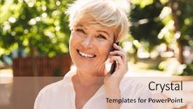  Presentation with park - Cool new slide deck with senior telephone - smiling mature woman talking backdrop and a coral colored foreground