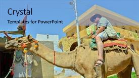  Presentation with camel - Audience pleasing PPT theme consisting of tourist riding camel in nubia backdrop and a light blue colored foreground