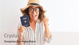  Presentation with passport - Colorful presentation theme enhanced with senior tourist woman holding germany german passport over isolated white background screaming proud and celebrating victory and success very excited cheering emotion backdrop and a lemonade colored foreground