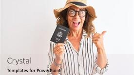  Presentation with passport - Presentation design featuring senior tourist woman wearing hat glasses holding usa passport over isolated white background pointing and showing with thumb up to the side with happy face smiling background and a lemonade colored foreground