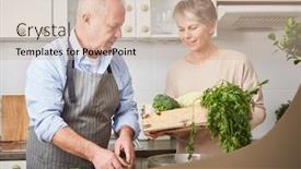  Presentation with vegan - Presentation theme having senior vegan couple cooking together with many vegetables background and a soft green colored foreground