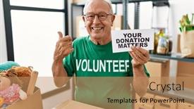  Presentation with donation - Slides consisting of senior-volunteer-man-holding background and a coral colored foreground