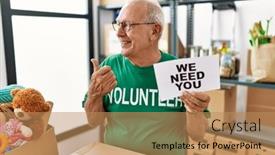  Presentation with volunteer - PPT layouts having senior-volunteer-man-holding background and a coral colored foreground