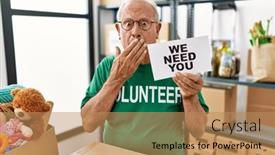  Presentation with volunteer - Presentation theme consisting of senior-volunteer-man-holding background and a coral colored foreground