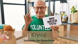  Presentation with volunteer - PPT theme featuring senior-volunteer-man-holding background and a coral colored foreground