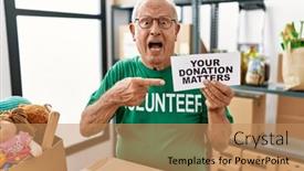  Presentation with donation - PPT layouts consisting of senior-volunteer-man-holding background and a coral colored foreground